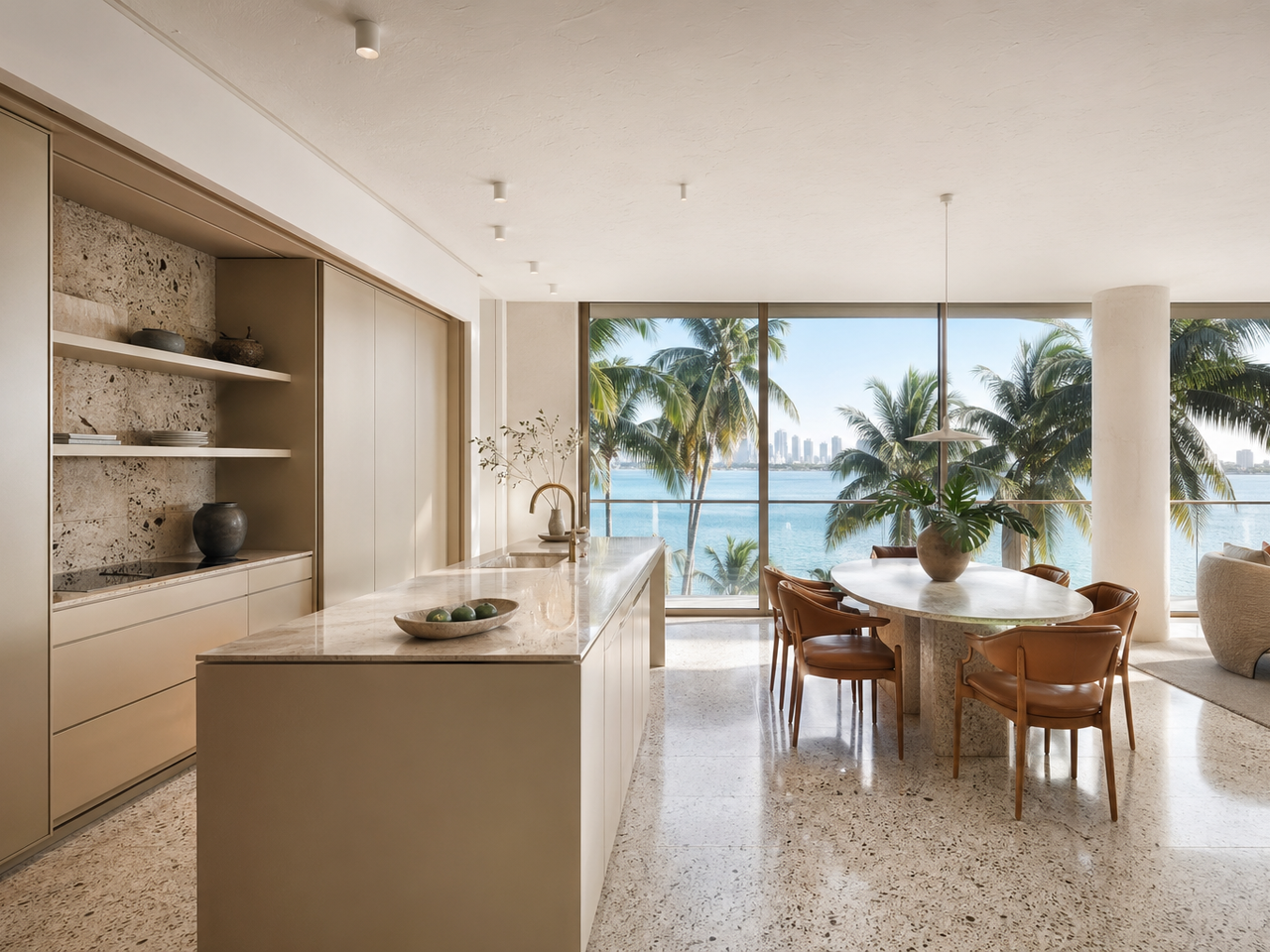 Fadior Miami Compact Residence — cabinet island, terrazzo floor, balcony window, palm bay view — 304 stainless steel cabinetry installation by Fadior