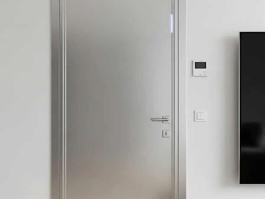 Fadior Alabaster Interior Door Suite - full-height stainless steel interior door with concealed frame, quiet hardware, and matching wall panel continuity