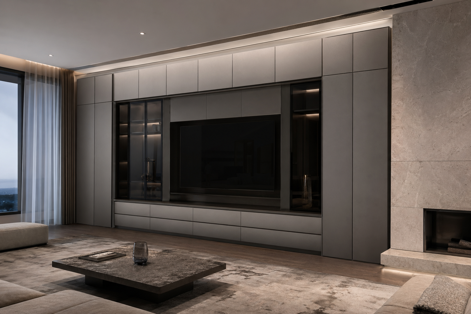 Fadior Essence Living Room Suite with Satin Shadow Media Wall — 304 stainless steel living room system, front view