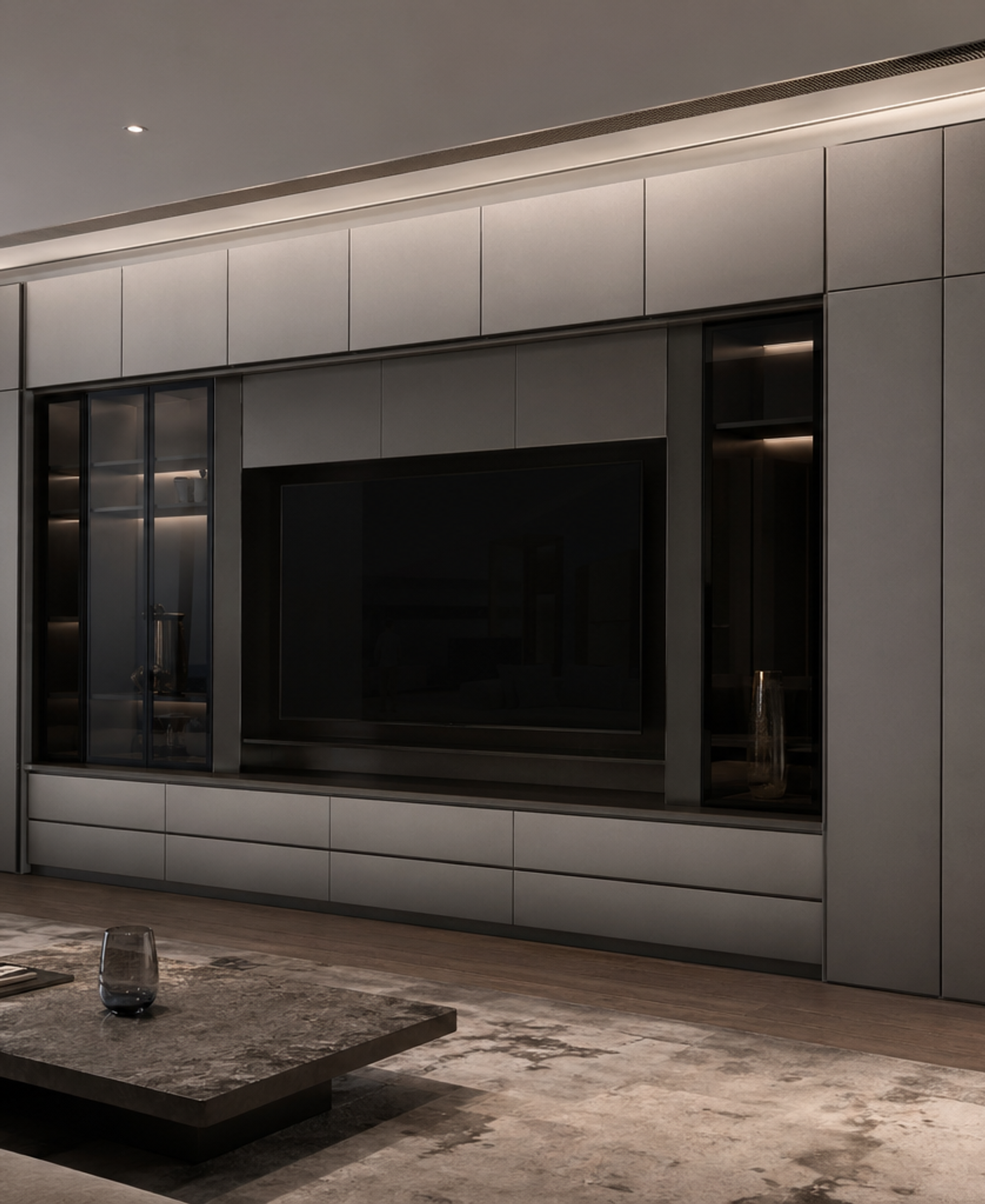 Fadior Essence Living Room Suite with Satin Shadow Media Wall — 304 stainless steel living room system, front view