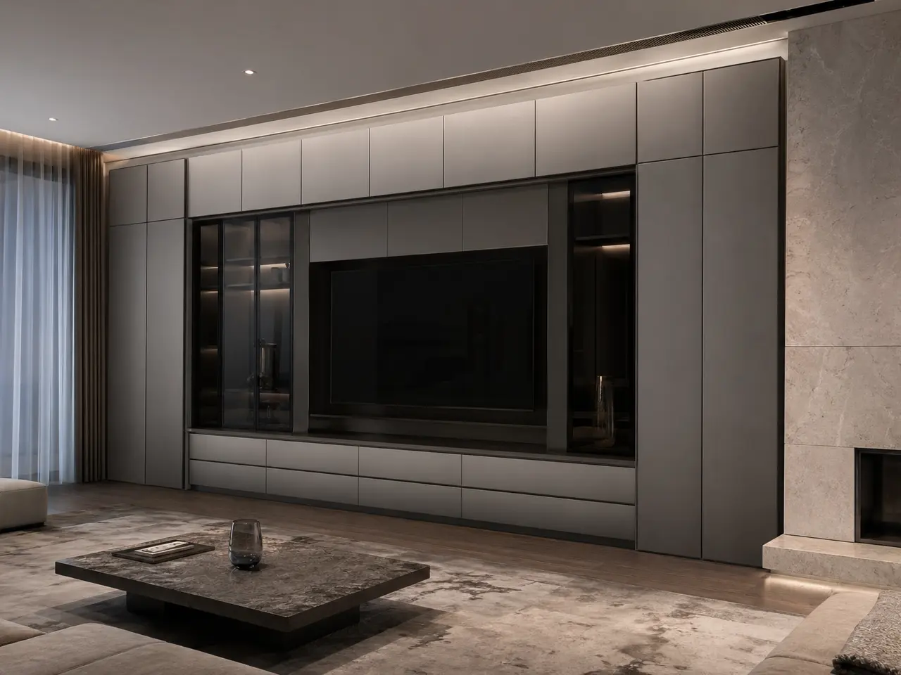 Fadior Essence Living Room Suite with Satin Shadow Media Wall - stainless steel living room cabinetry with media storage, display shelving, concealed devices, and residential finishes