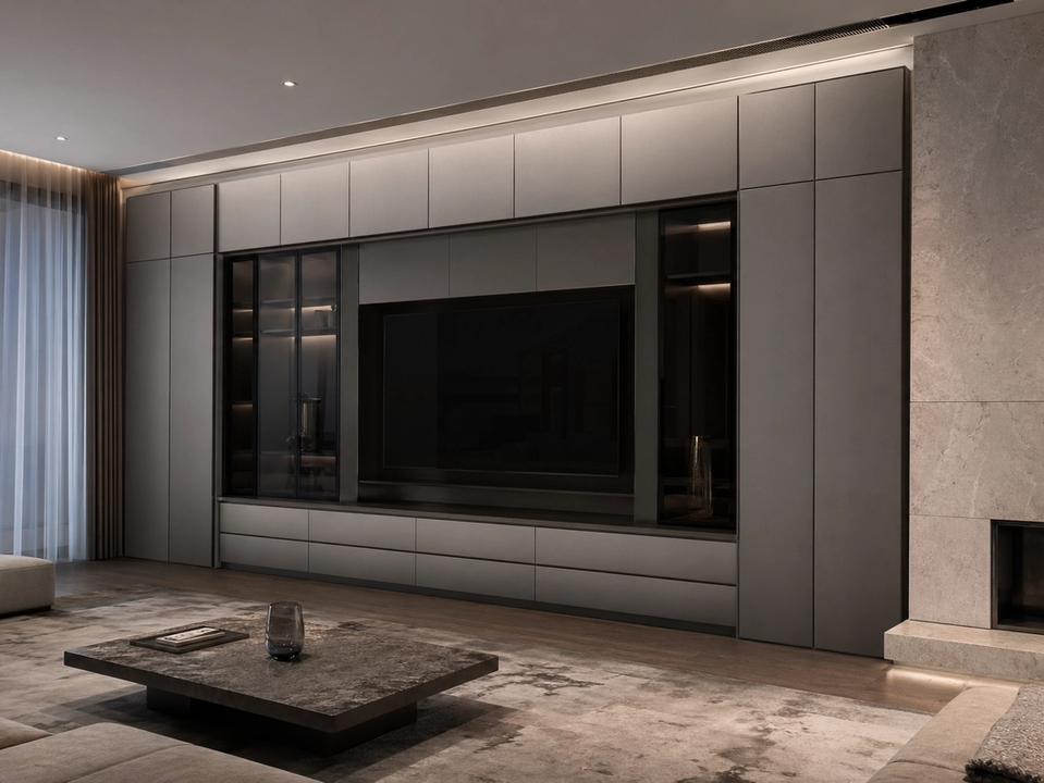 Fadior Essence Living Room Suite with Satin Shadow Media Wall — 304 stainless steel living room system, front view