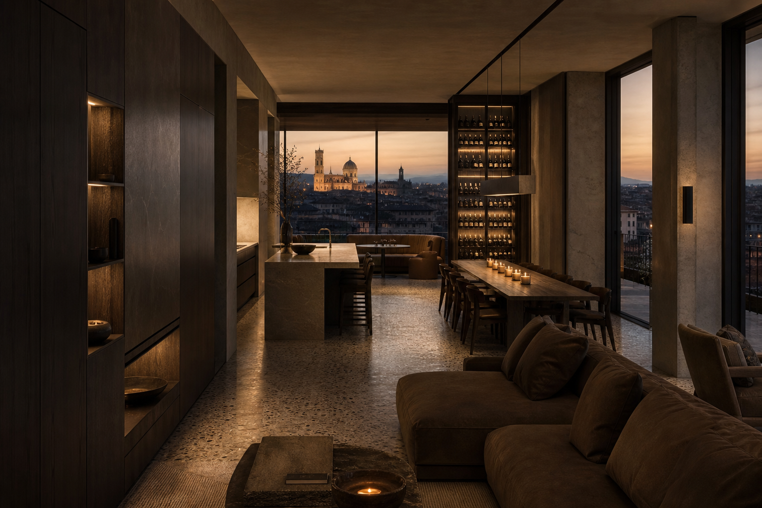 Fadior Siena Skyline Penthouse — Siena penthouse living room with kitchen island, wine wall, sofa, dining table,