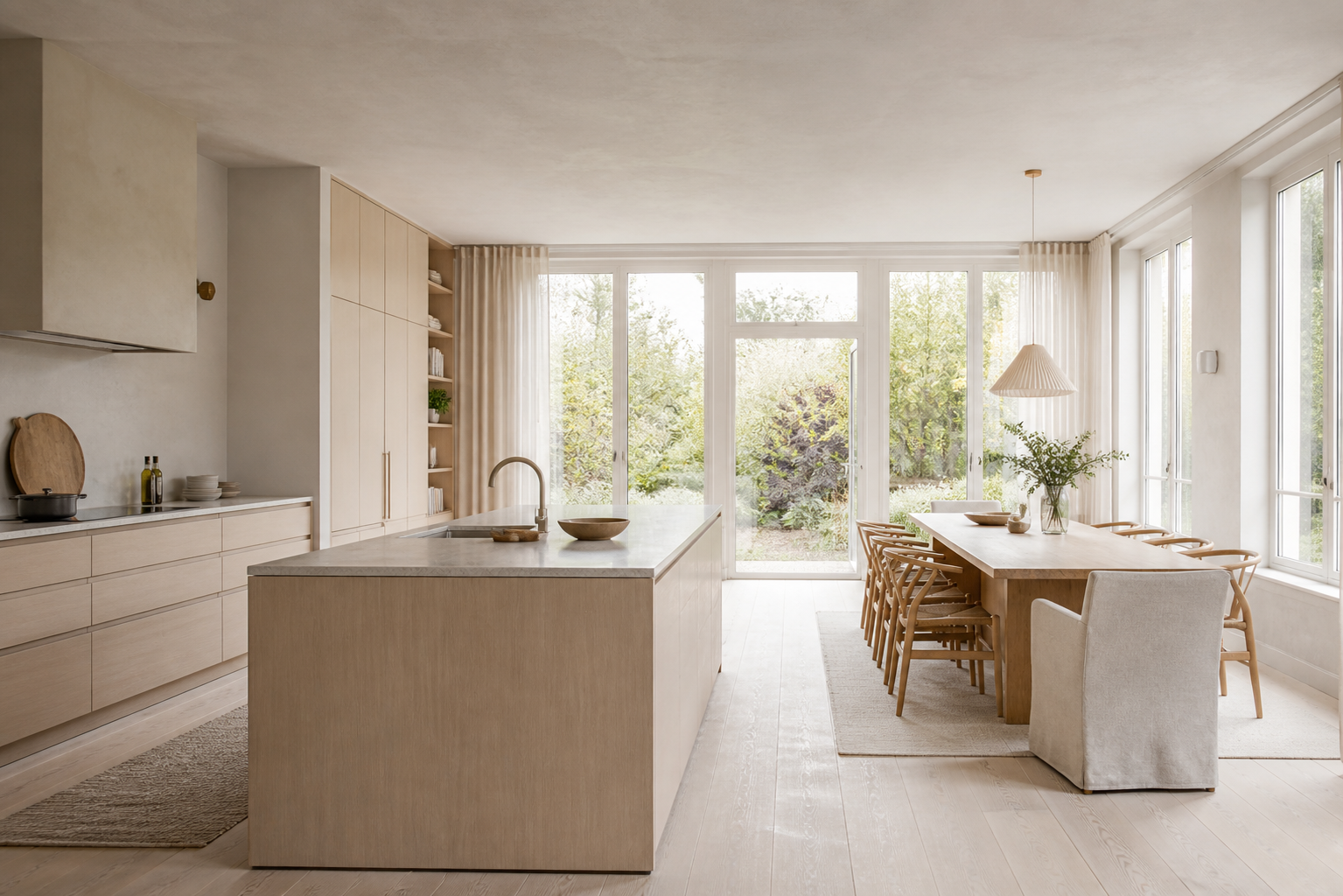 Fadior Amsterdam 450 sqm Kitchen Bath Villa — A full light-wood kitchen and dining room with a broad island, tall cabinets, — 304 stainless steel cabinetry installation by Fadior