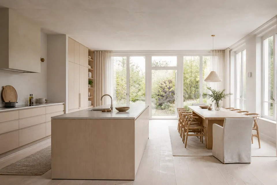 Fadior Amsterdam 450 sqm Kitchen Bath Villa — A full light-wood kitchen and dining room with a broad island, tall cabinets,