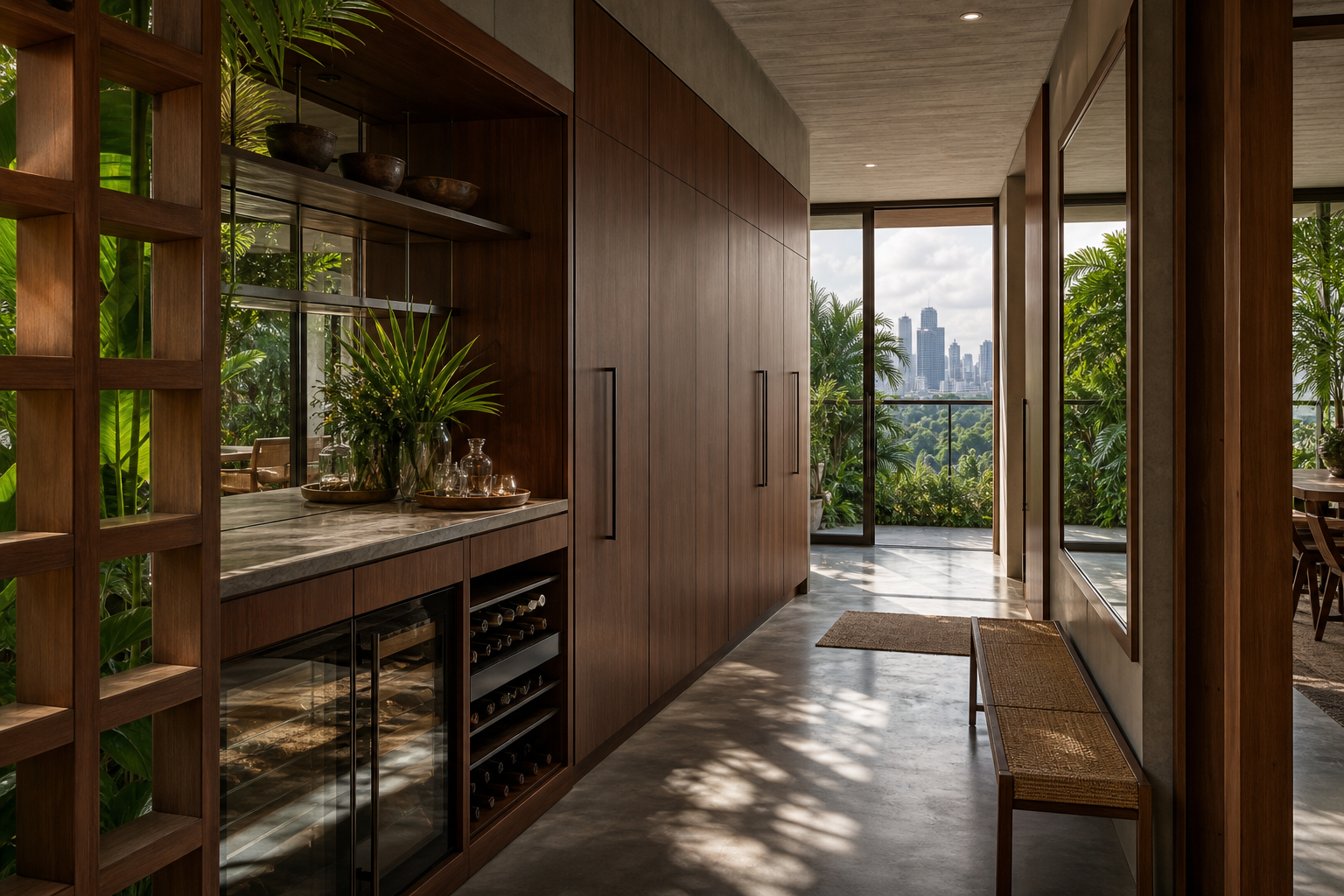 Fadior Singapore Skyline Penthouse — Singapore wardrobe corridor with wine wall, hardwood cabinets, concrete floor, mirror,
