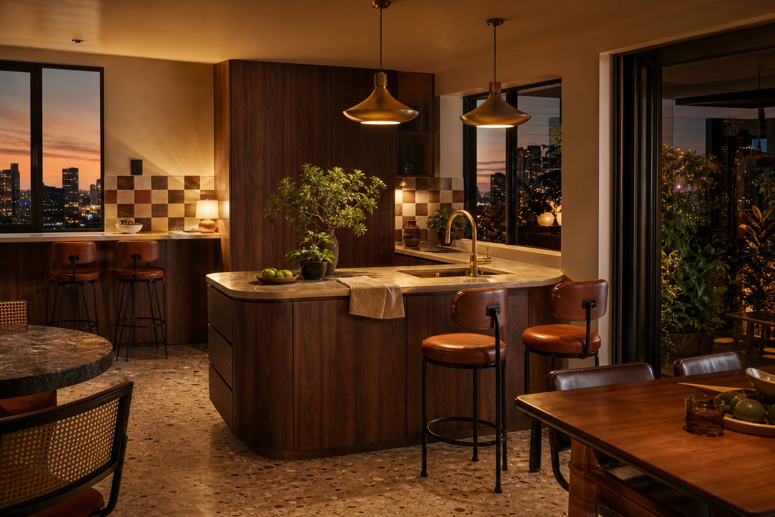 Fadior Gold Coast 80 sqm Kitchen Villa — Gold Coast kitchen workspace with walnut island, stone counter, sink, pendant lamps, leather stools, terrazzo floor, checkerboard tile, plant pot, and city window