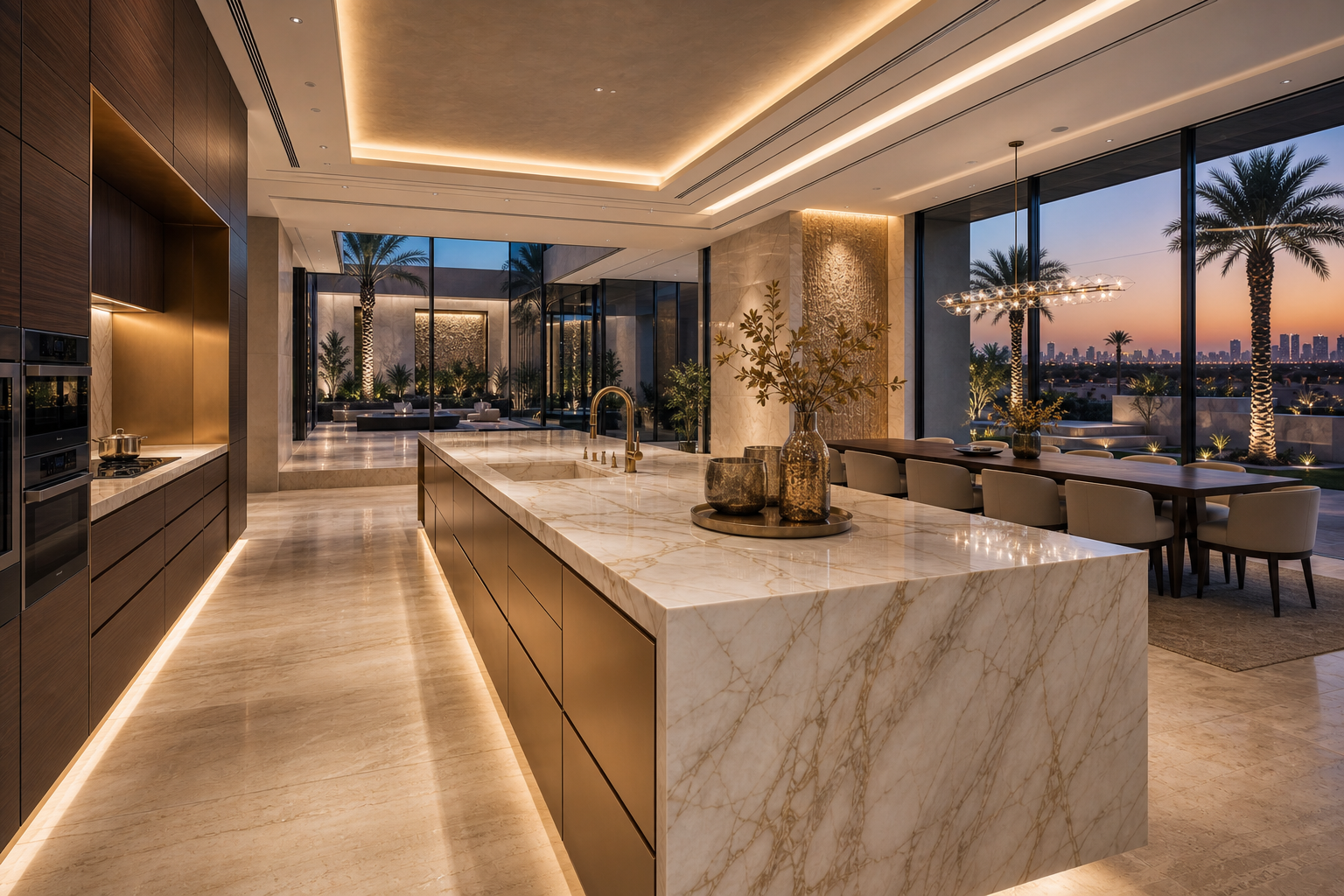 Fadior Doha Garden Courtyard Villa — marble counter, champagne cabinet, travertine floor, walnut panel, tinted glass