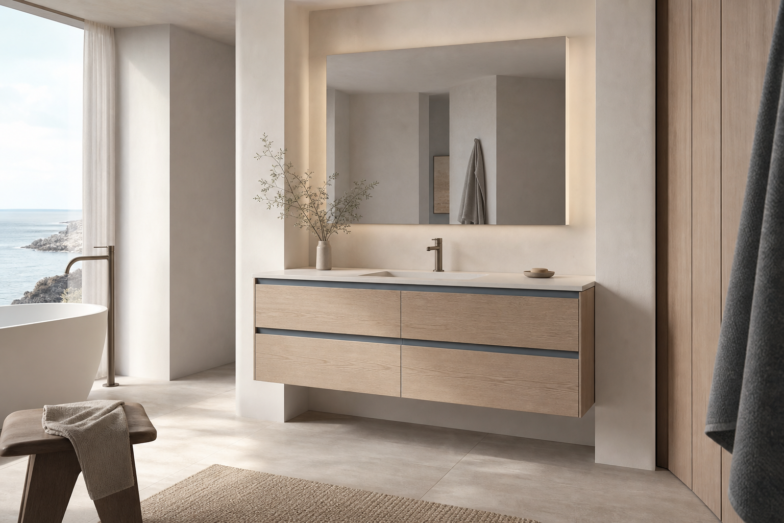 Fadior Alcove Bath and Vanity Suite with Misty Blue Floating Basin Wall — interior room context showing cabinet integration