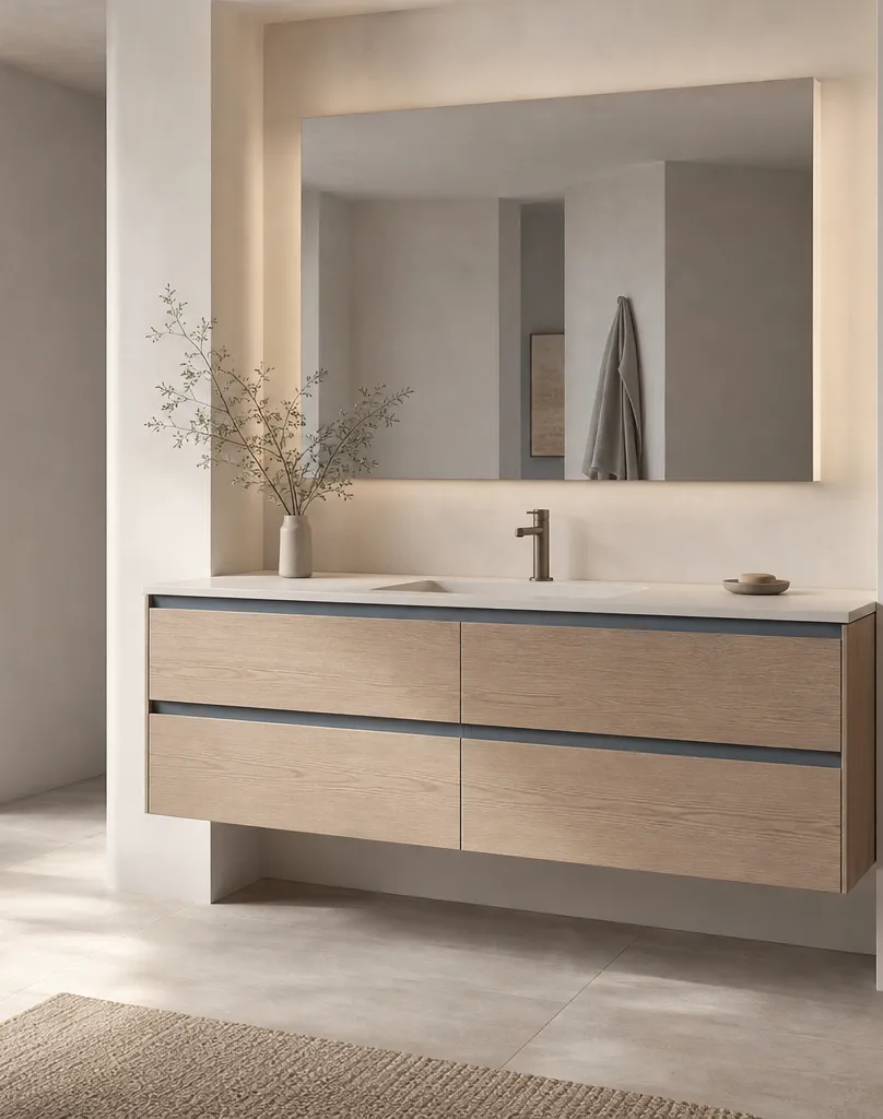 Suite de Baño y Tocador Alcove con Pared de Lavabo Flotante Azul Brumoso perspectiva interior