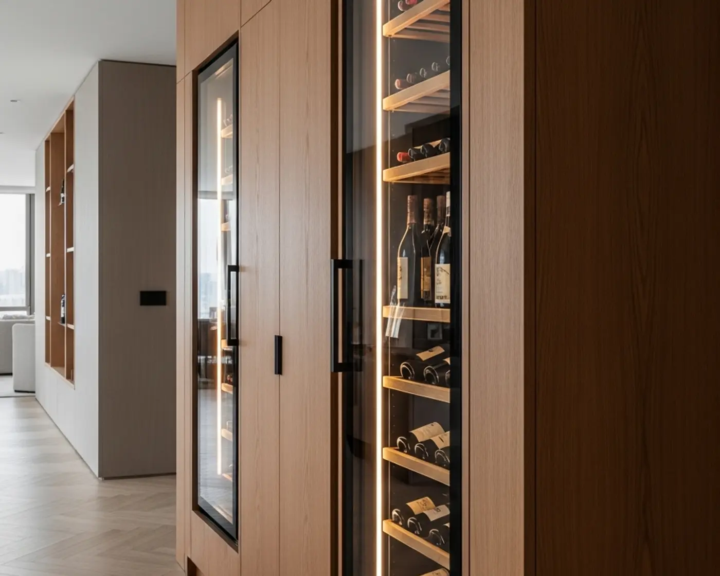 Fadior built-in stainless steel wine cabinet with glass doors, bottle display lighting, and closed reserve storage