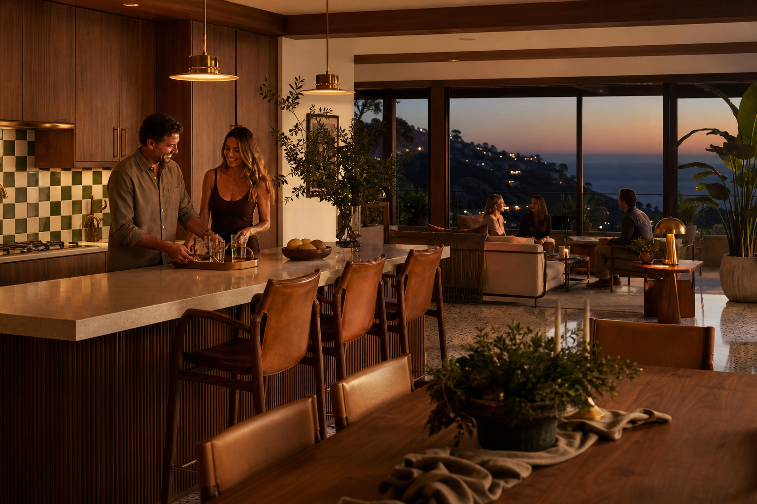 Fadior Malibu 480 sqm Kitchen Bath Villa — Malibu villa hosting scene with kitchen island, dining table, leather stools,