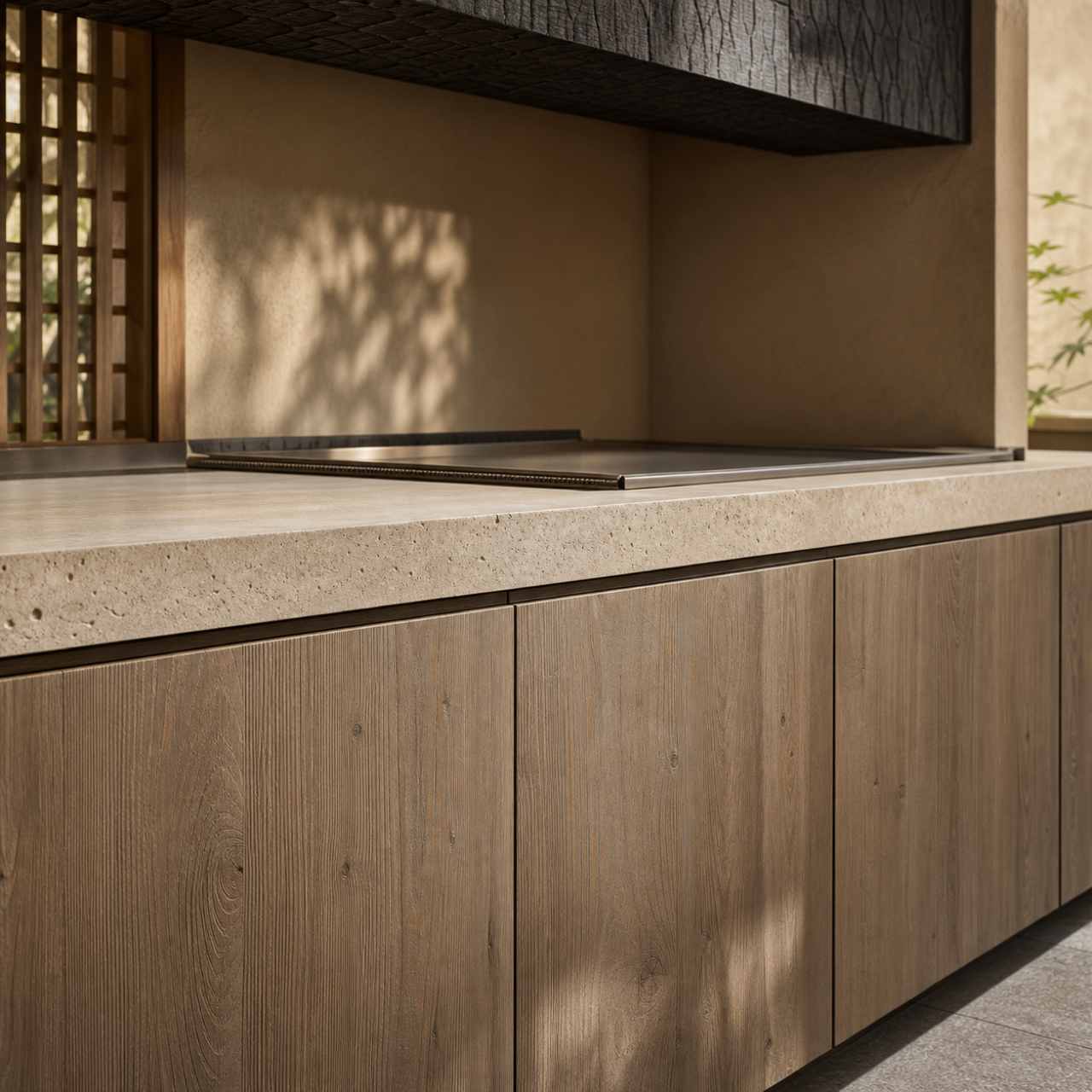 Fadior Vantage Outdoor Kitchen Suite with Jade Courtyard Teppanyaki Bar — close-up of stainless steel finish and hardware