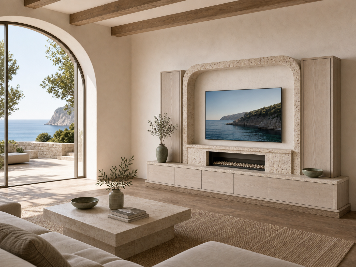 Fadior Zenith Living Room Suite with Arched Limestone Hearth Console — interior room context showing cabinet integration