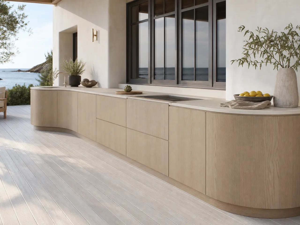 Fadior Cocina exterior Vantage con bahía de preparación Arc Hearth - cocina exterior a medida en acero inoxidable 304 con acabados residenciales, almacenamiento y planificación por estancia