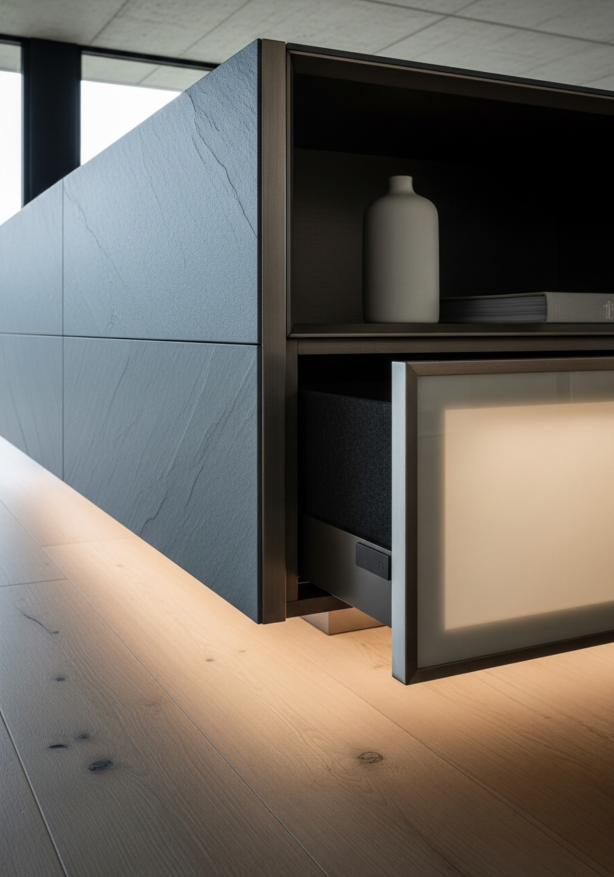 Fadior Essence Media Wall — close-up of stainless steel finish and hardware detail