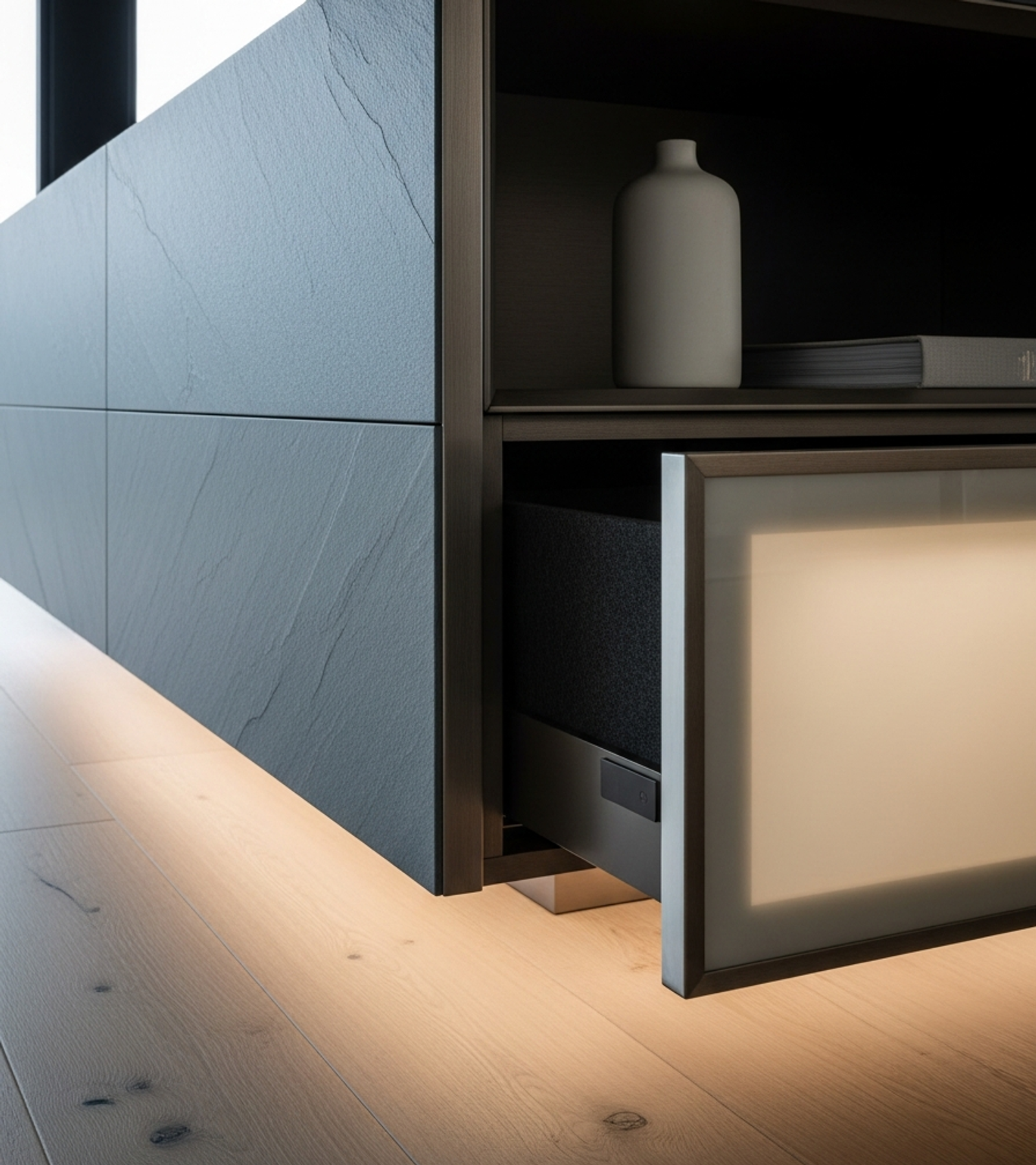 Fadior Essence Media Wall — close-up of stainless steel finish and hardware detail