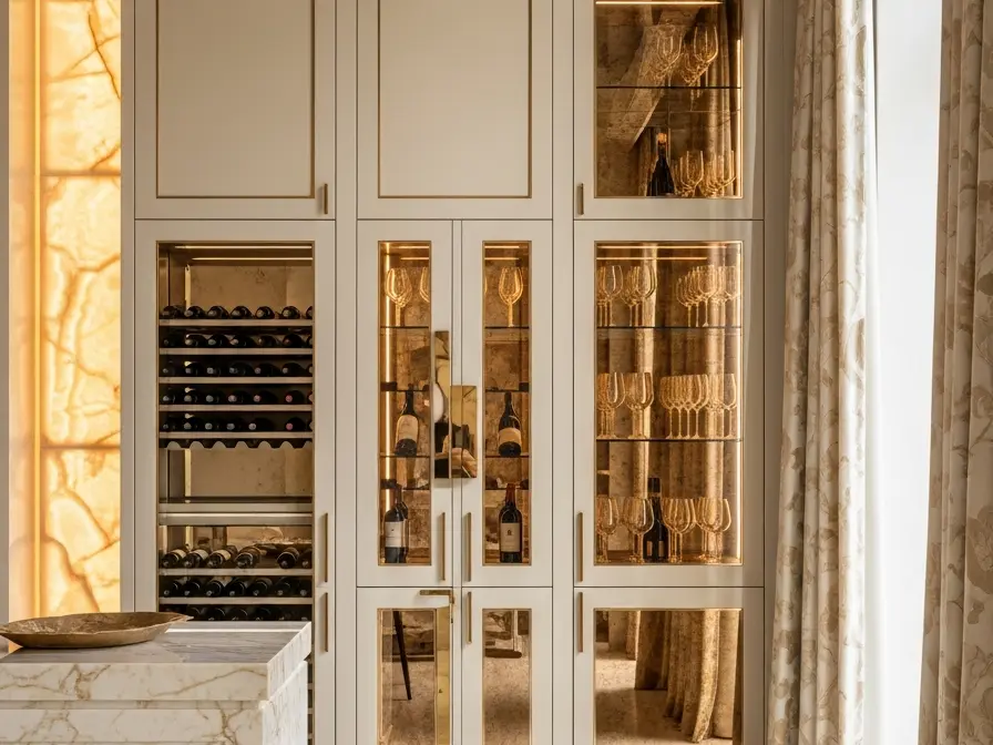 Fadior Gloria Wine Cabinet Suite - built-in stainless steel wine cabinet with bottle display, glass-front storage, lighting, and closed reserve storage