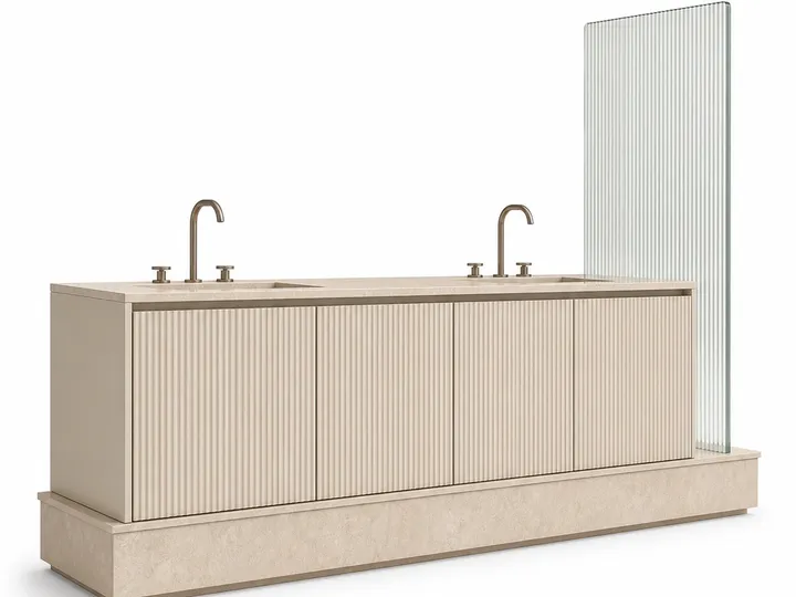 Fadior Solstice Bath and Vanity Suite with Fluted Onsen Linen Plinth — 304 stainless steel bath and vanity system, front view