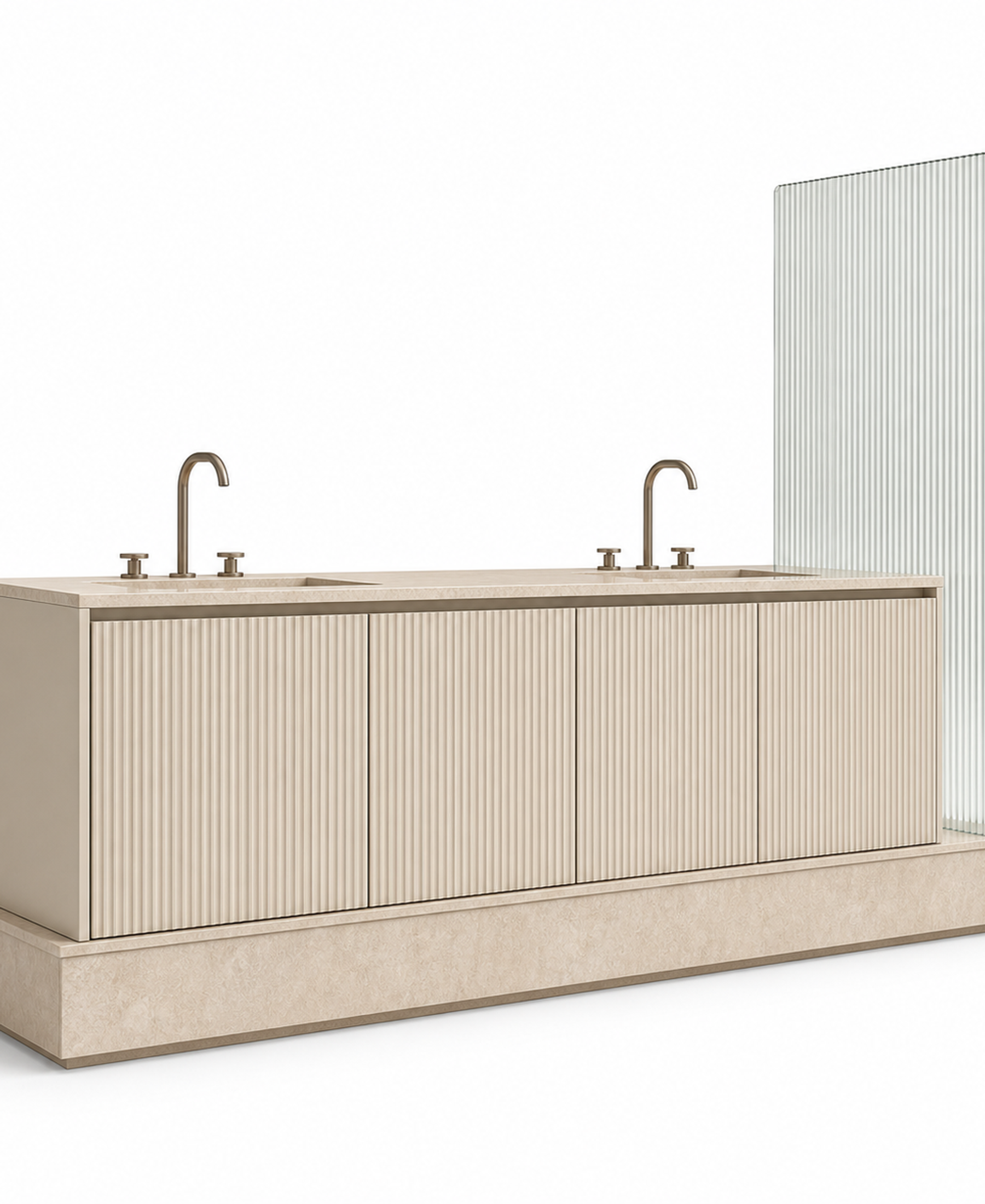 Fadior Solstice Bath and Vanity Suite with Fluted Onsen Linen Plinth — 304 stainless steel bath and vanity system, front view