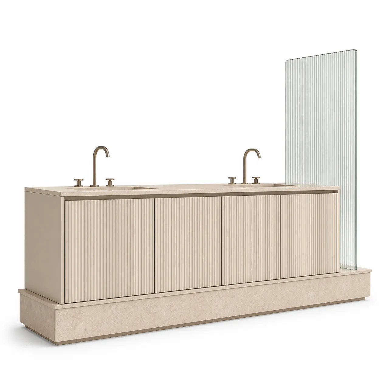 Fadior Solstice Bath and Vanity Suite with Fluted Onsen Linen Plinth — 304 stainless steel bath and vanity system, front view