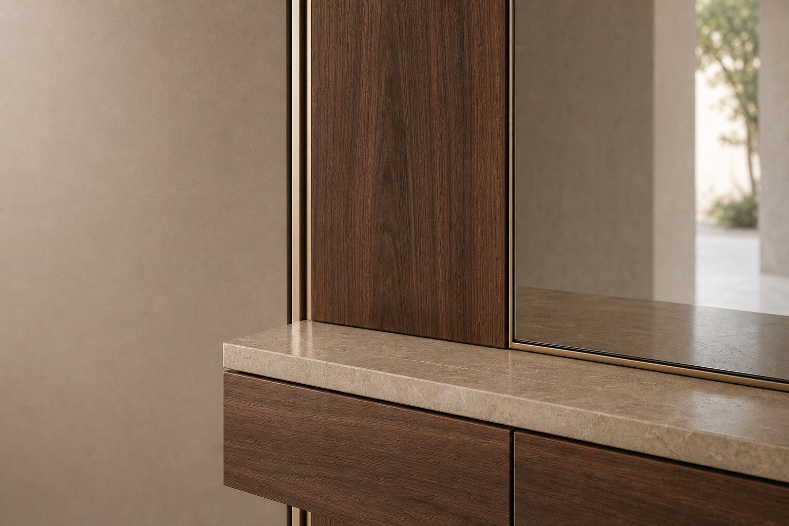 Fadior Loggia Entryway Suite with Gallery Arrival Wall — close-up of stainless steel finish and hardware detail
