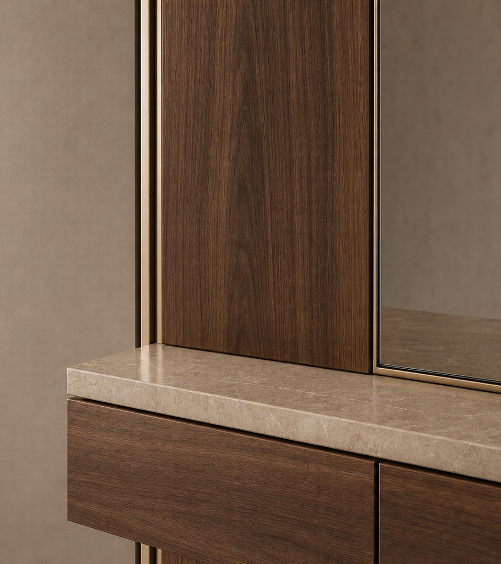 Fadior Loggia Entryway Suite with Gallery Arrival Wall — close-up of stainless steel finish and hardware detail