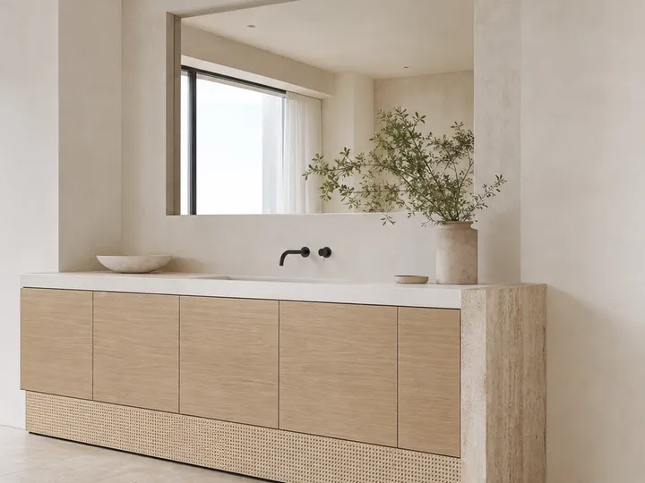 Fadior Voyage Bath Caned Travertine Linen Plinth — 304 stainless steel bath and vanity system, front view