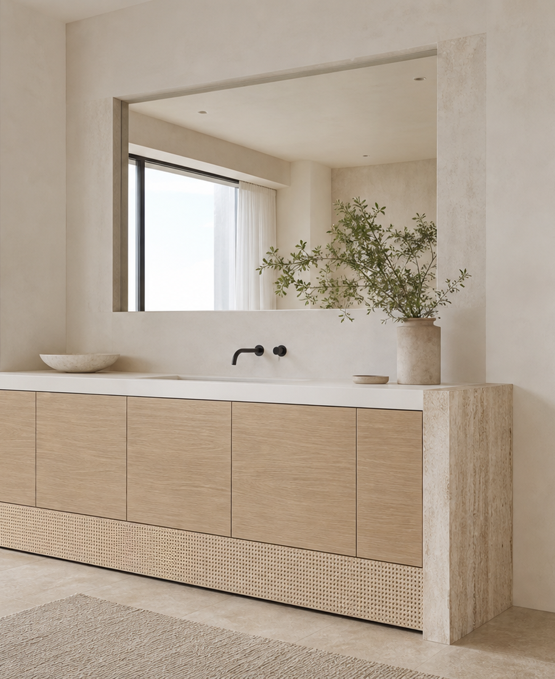 Fadior Voyage Bath Caned Travertine Linen Plinth — 304 stainless steel bath and vanity system, front view