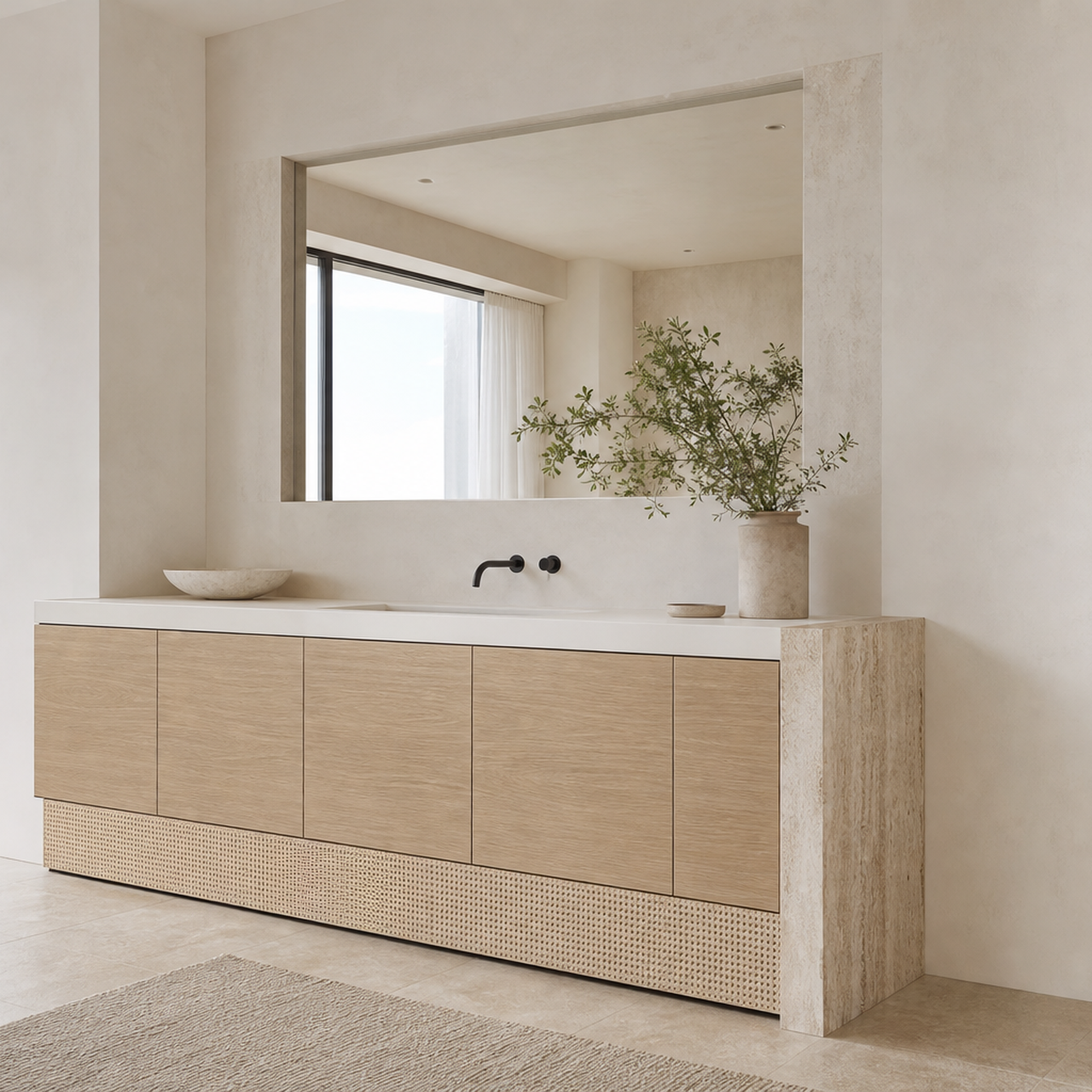 Fadior Voyage Bath Caned Travertine Linen Plinth — 304 stainless steel bath and vanity system, front view