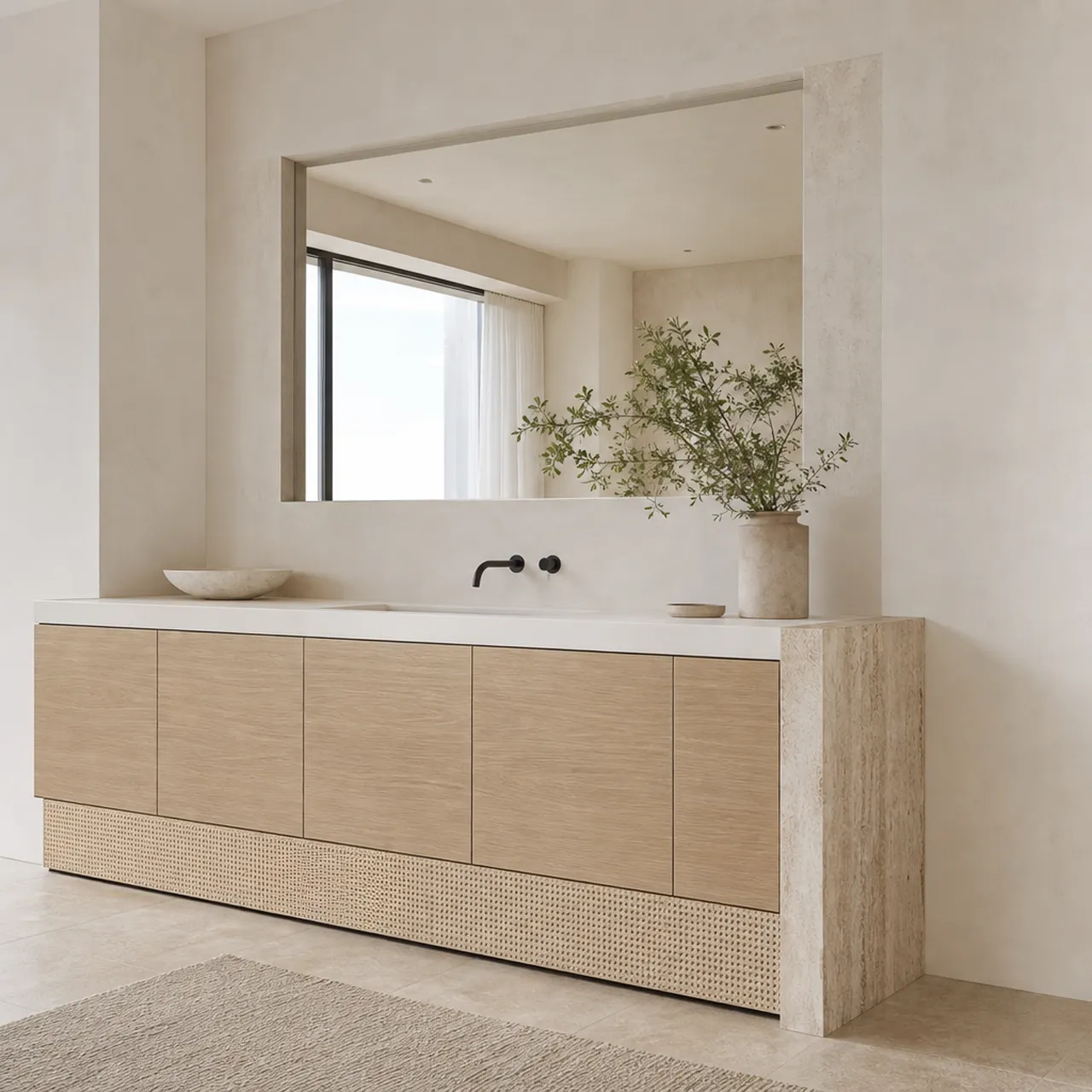 Fadior Voyage Bath Caned Travertine Linen Plinth — 304 stainless steel bath and vanity system, front view