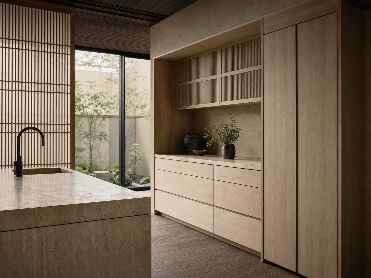 Fadior Solace Kitchen Suite with Servery Spine Pantry — interior room context showing cabinet integration