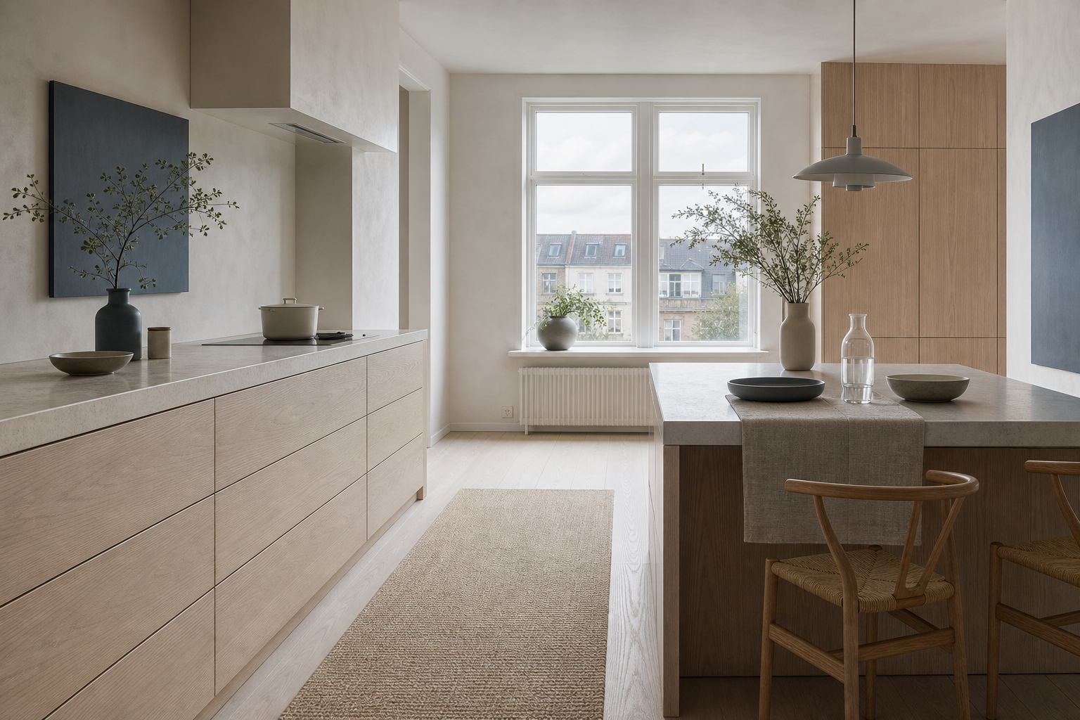 Kitchen decision comparison with blond ash storage wall and slate blue accents for drawer planning.