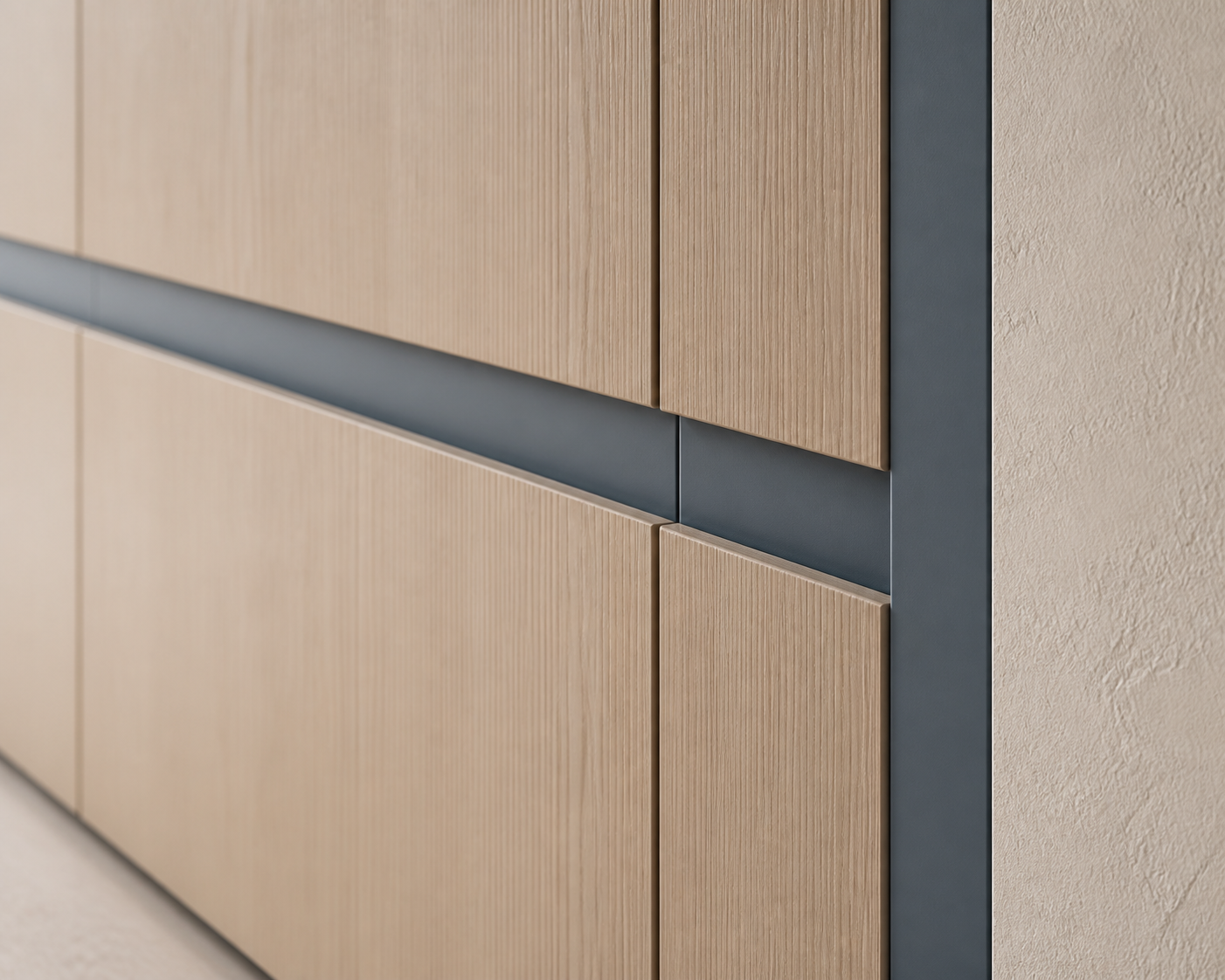 Fadior Terrazzo Wall Panel Suite with Slate Blue Reveal Panels — close-up of stainless steel finish and hardware detail