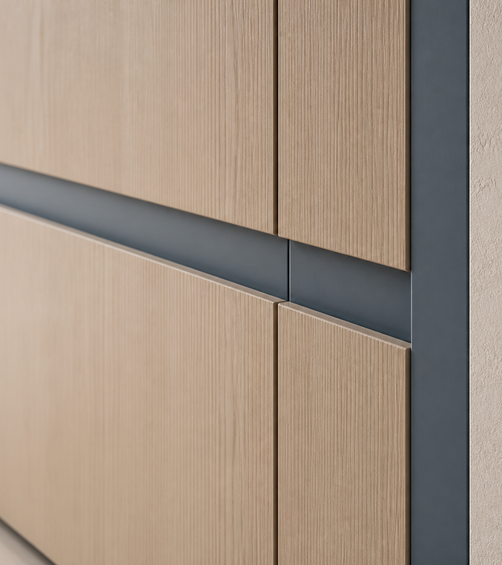 Fadior Terrazzo Wall Panel Suite with Slate Blue Reveal Panels — close-up of stainless steel finish and hardware detail