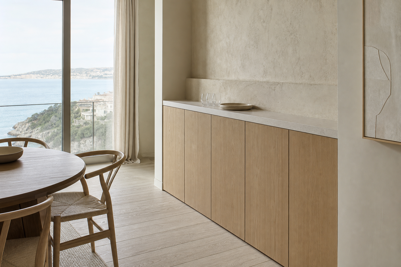 Fadior Cru Wine Cabinet Suite with Quartz Tasting Parapet — lifestyle setting with natural light and residential styling