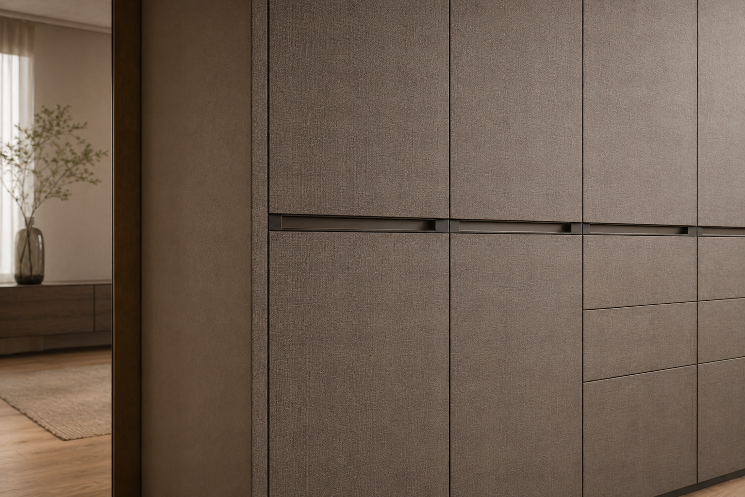 Fadior Eclipse Wardrobe Suite with Smoked Linen Dressing Wall — close-up of stainless steel finish and hardware detail