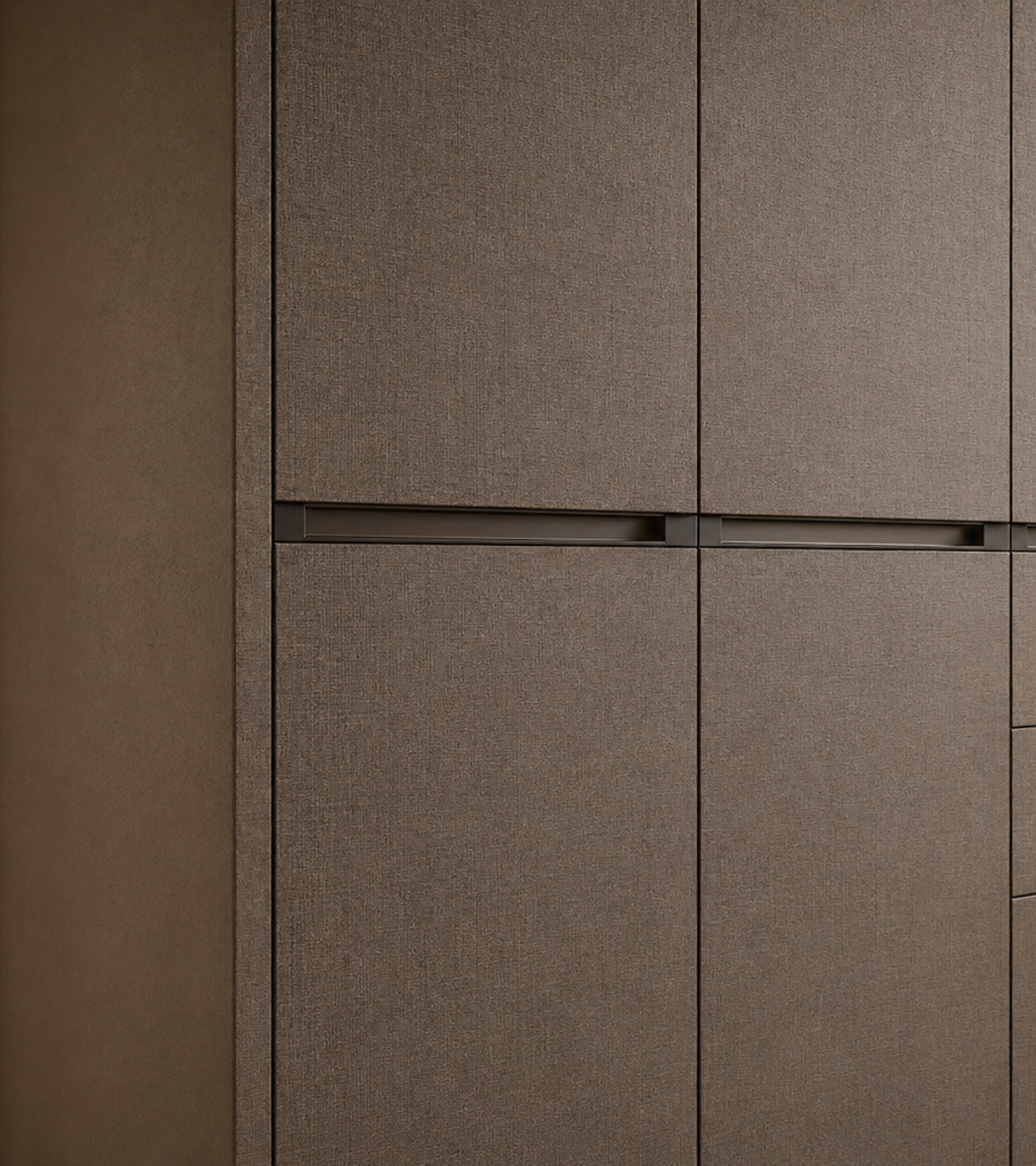 Fadior Eclipse Wardrobe Suite with Smoked Linen Dressing Wall — close-up of stainless steel finish and hardware detail