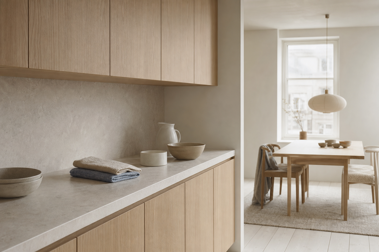 Quiet kitchen scene comparing daily wipe zones and dining context.
