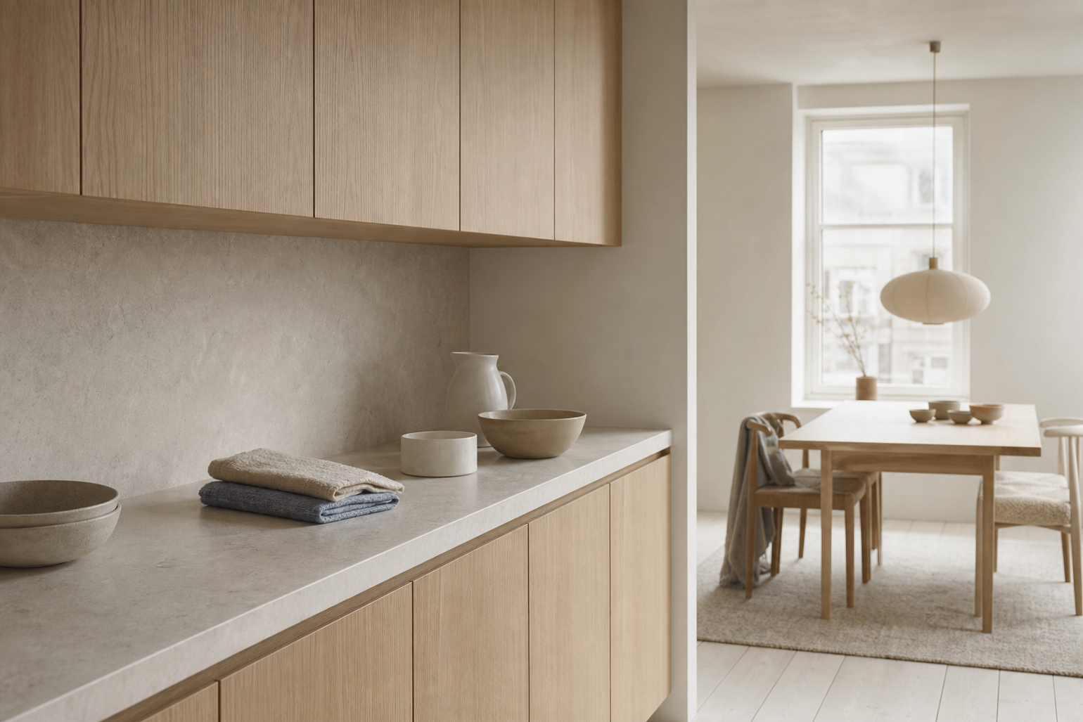 Quiet kitchen scene comparing daily wipe zones and dining context.