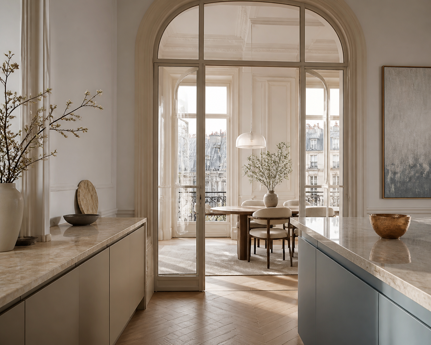 Paris kitchen and dining zones with warm taupe cabinetry, a decision comparison for daily use and long-term care.