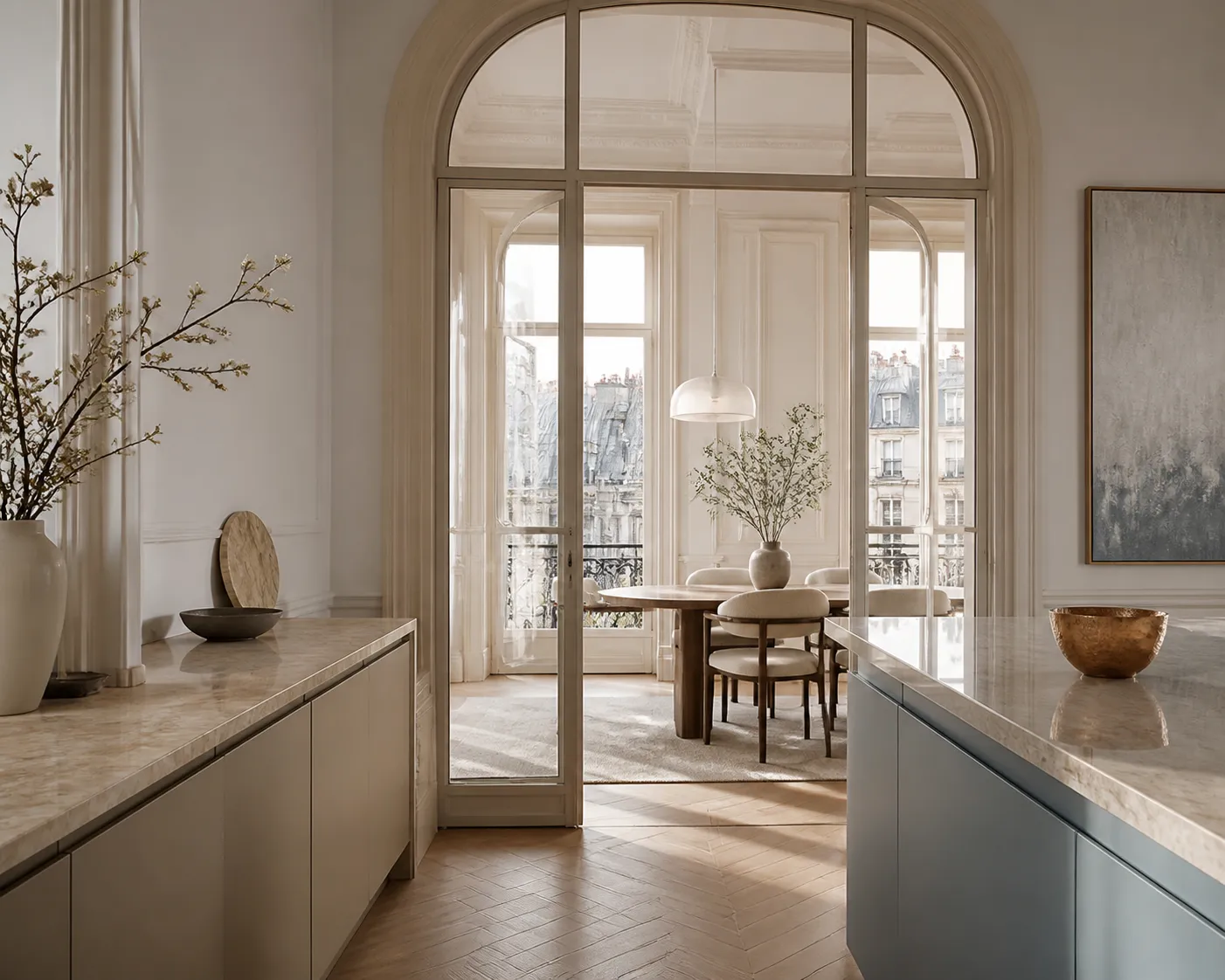 Paris kitchen and dining zones with warm taupe cabinetry, a decision comparison for daily use and long-term care.