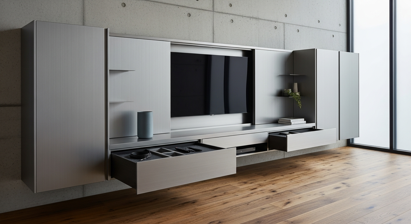 Fadior Essence Media Console — lifestyle setting with natural light and residential styling