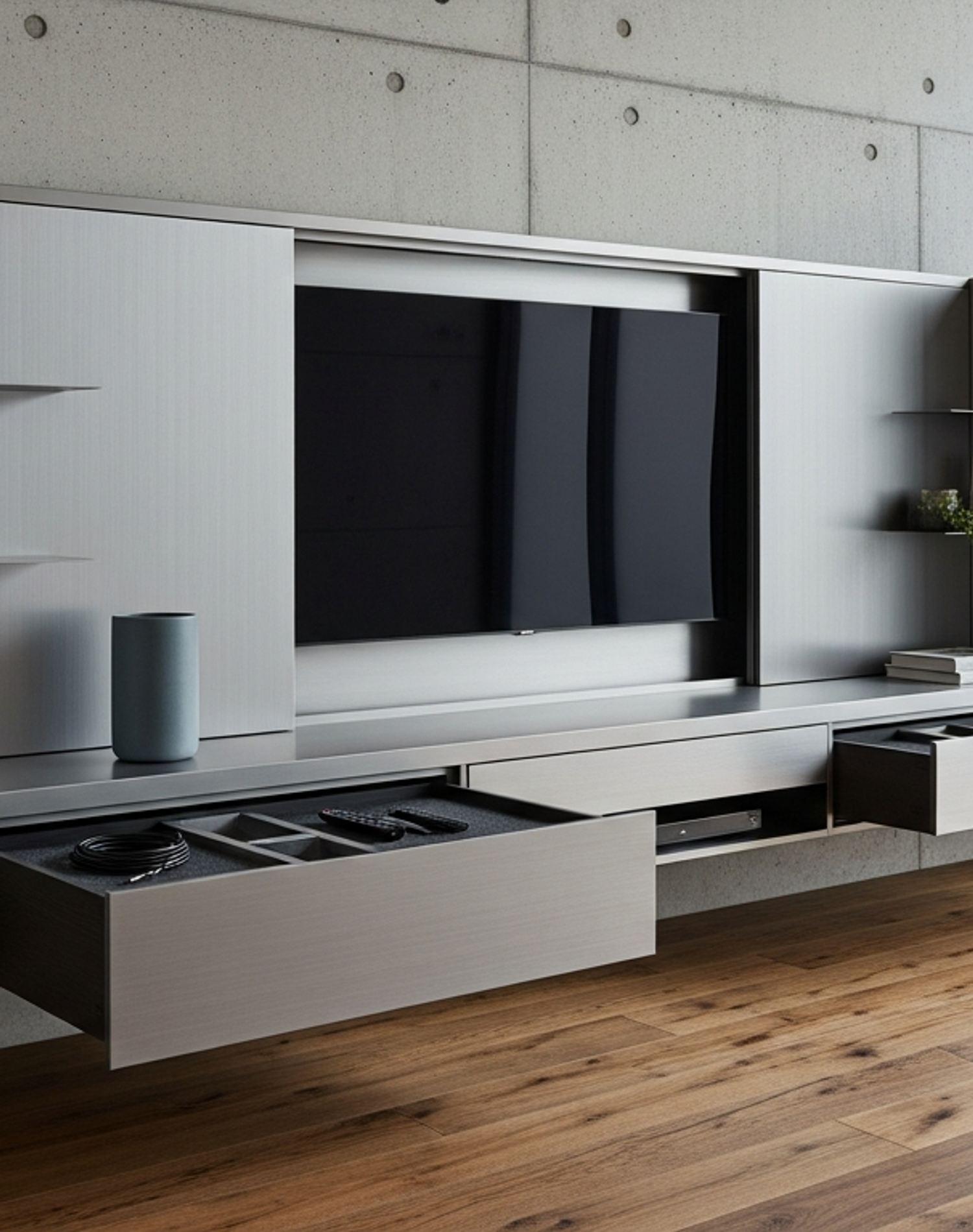 Fadior Essence Media Console — lifestyle setting with natural light and residential styling