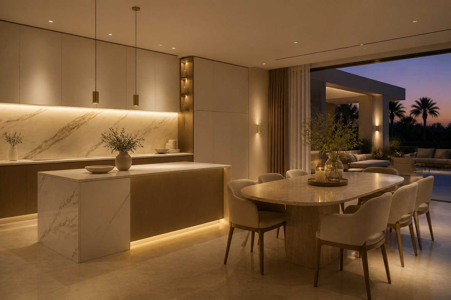 Lifestyle context: a warm dining-ready villa kitchen frames a family decision about a long-term kitchen investment.