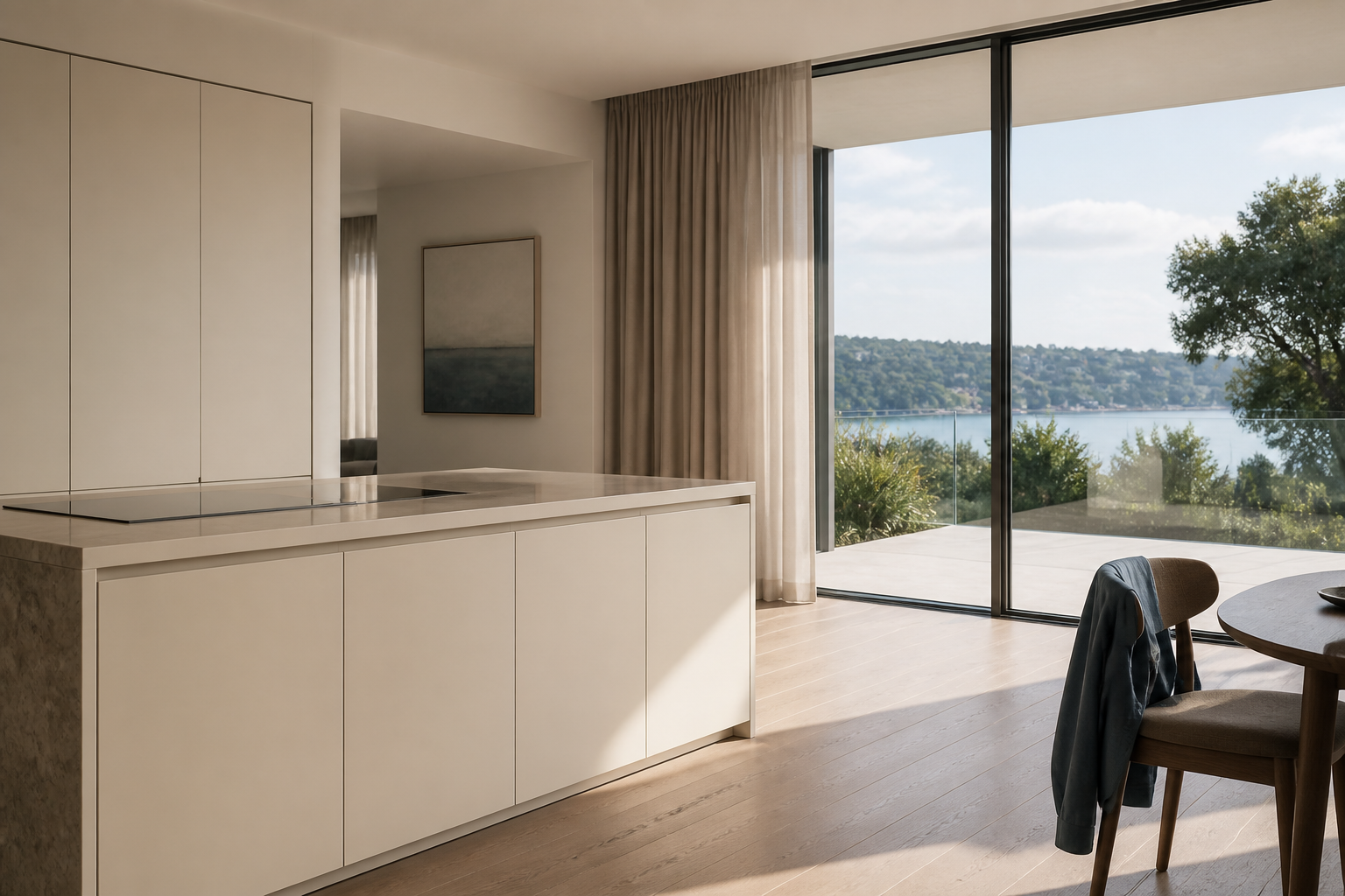 Fadior Wellington 420 sqm Kitchen Villa — Wellington villa kitchen island, terrace window, stone floor, timber dining table, — 304 stainless steel cabinetry installation by Fadior