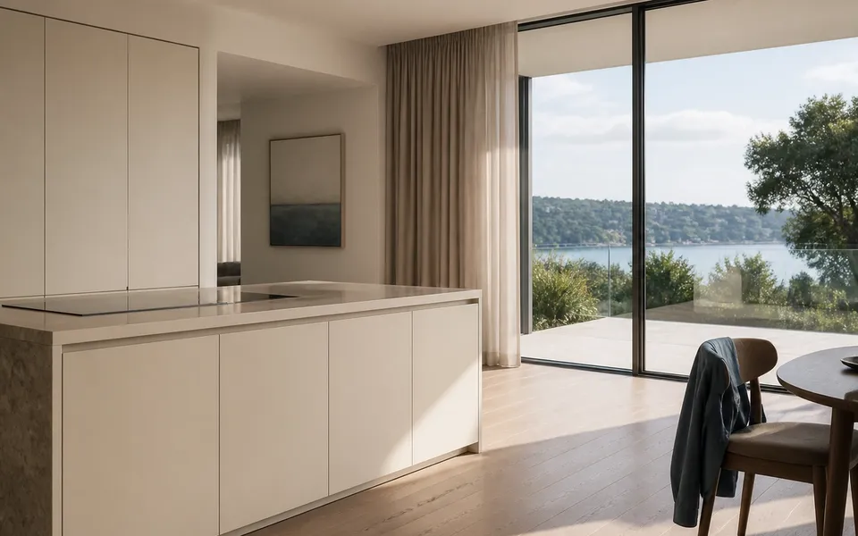 Fadior Wellington 420 sqm Kitchen Villa — Wellington villa kitchen island, terrace window, stone floor, timber dining table, — 304 stainless steel cabinetry installation by Fadior