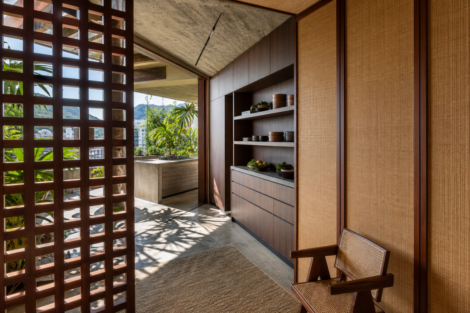 Fadior Rio de Janeiro 240 sqm Kitchen Penthouse — pantry shelves, wood cabinet, cane wall, terrace counter, woven chair