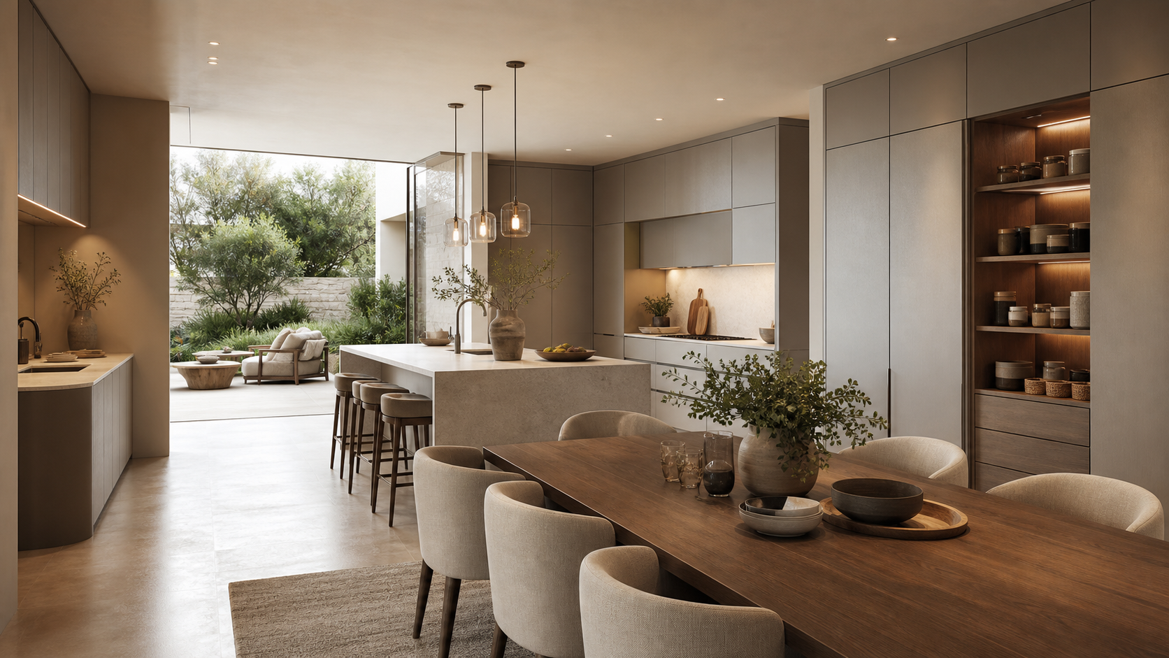 Residential kitchen and dining room with pantry wall, island seating, and terrace view.