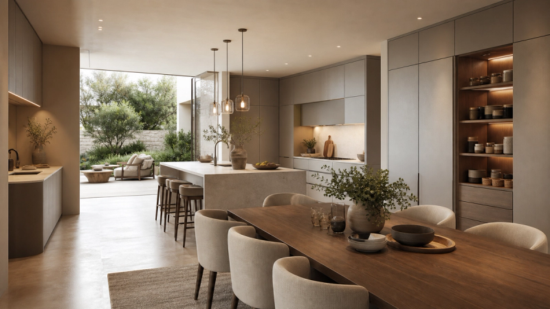 Residential kitchen and dining room with pantry wall, island seating, and terrace view.